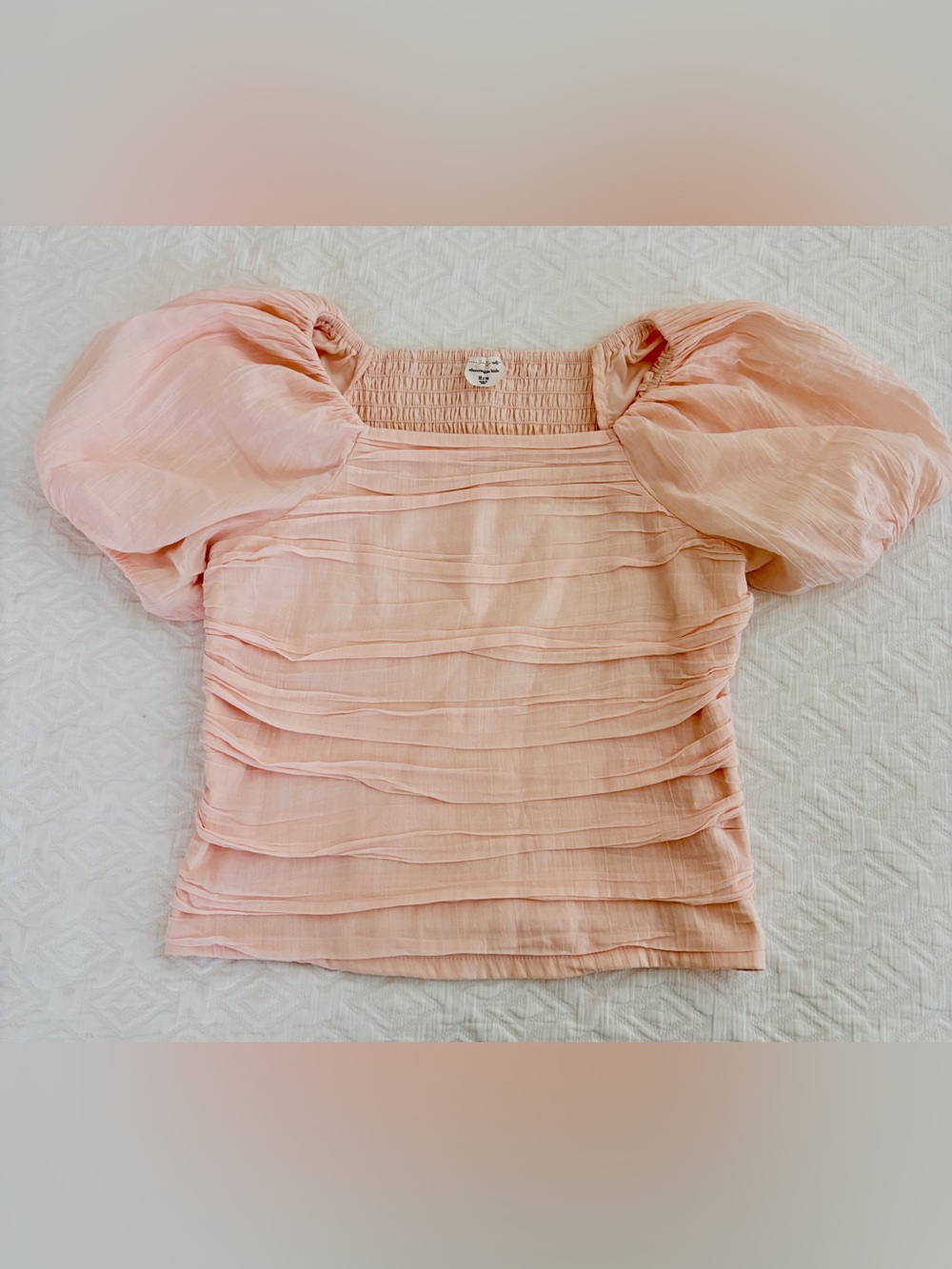 abercrombie kids Peach Puff Sleeve Smocked Square Neck Top